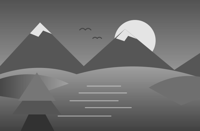 The same mountain and lake illustration in grayscale