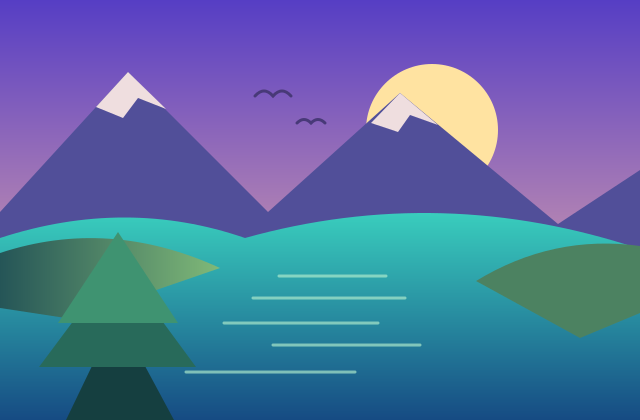 A purple sky, turquoise lake and green trees before applying an effect
